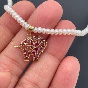 Vintage 14K Yellow Gold Ruby Pendant Seed Pearl Necklace Elephant Motif